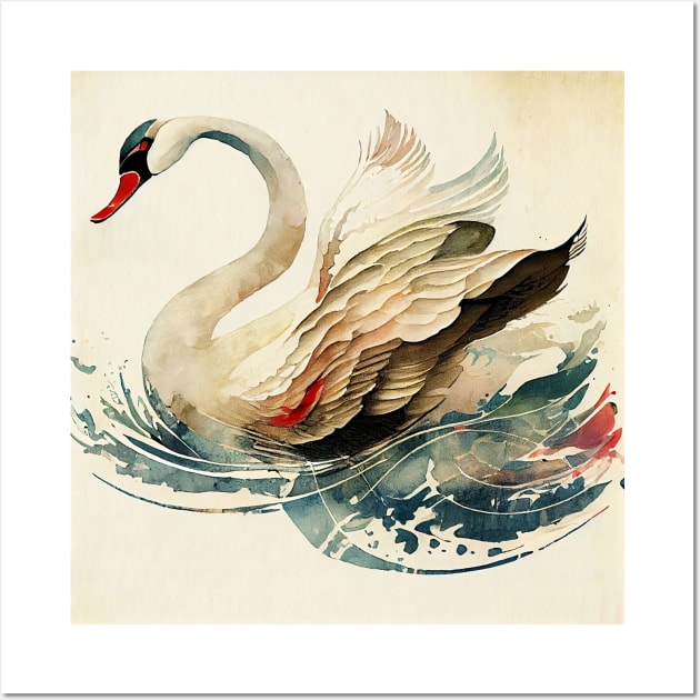 Vintage Japanese style Watercolor of a Swan Wall Art by Danielleroyer